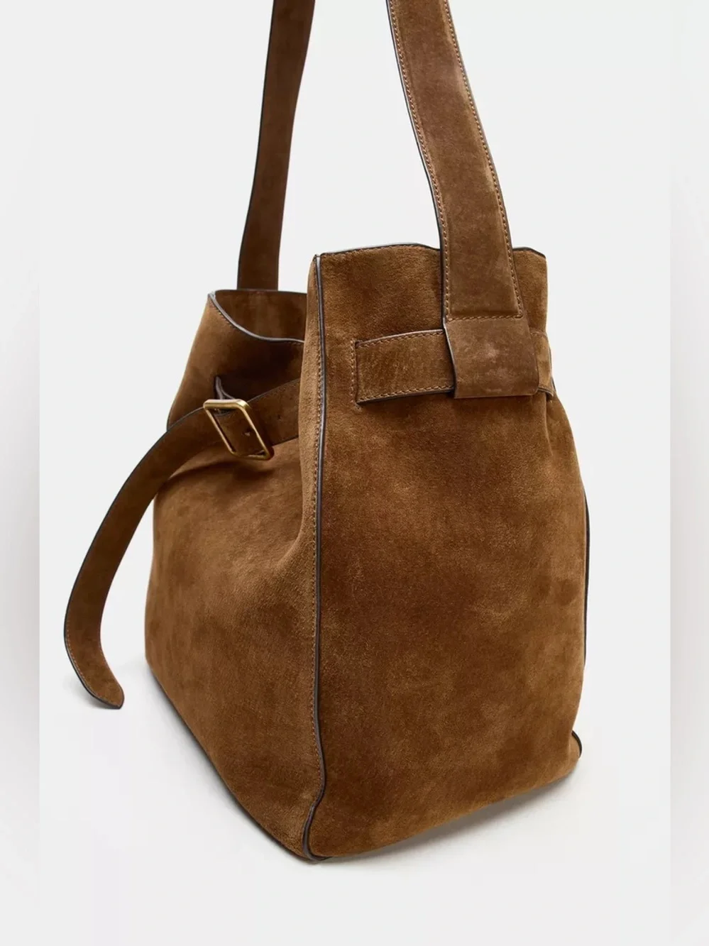 Suede 100% real leather Bucket Shoulder Bag in Brown with Belt detail